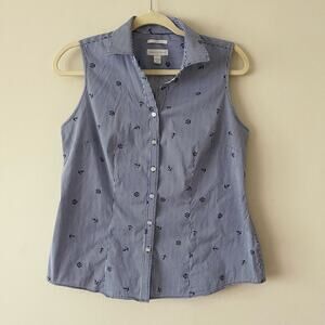 Charter Club Blue Striped Sleeveless Button Front Top Women size 6 Blue Stripe